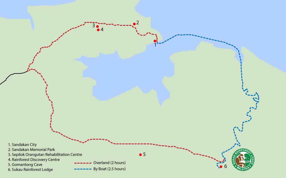 From Sandakan, there're two available routes to go to Sukau Rainforest Lodge, via overland or boat